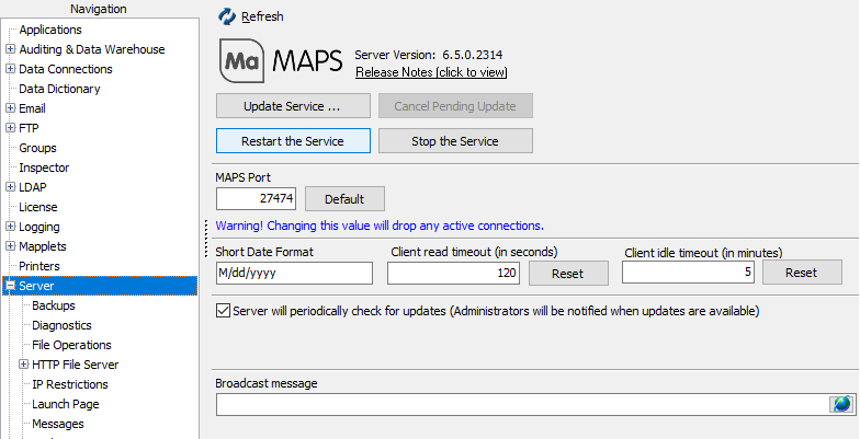 This image shows the MAPS Inteface when the Server option is selected.